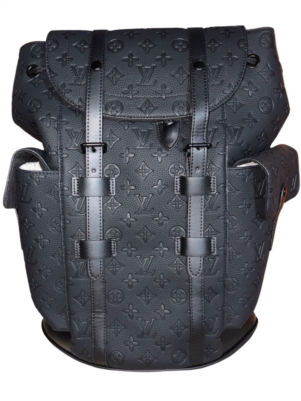 Designer Embossed Monogram Cowhide Leather Backpack - Black